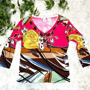 Peter Nygard Multicolored v-neck embellished sweater Size Small